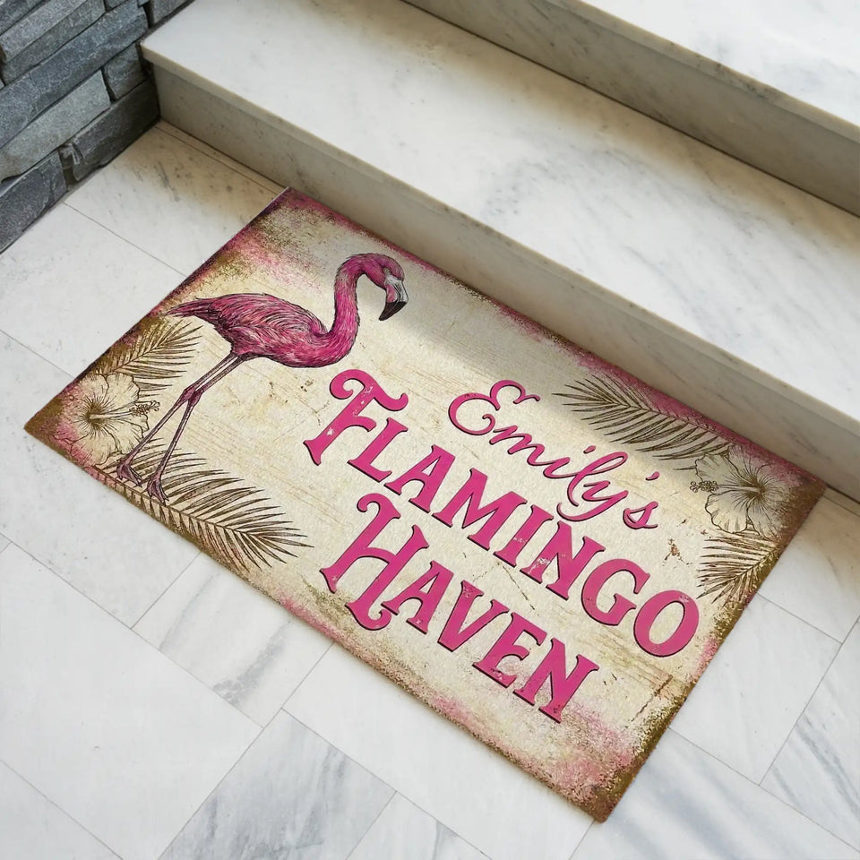 Personalized Vintage Flamingo Doormat – Custom Name Tropical Mat
