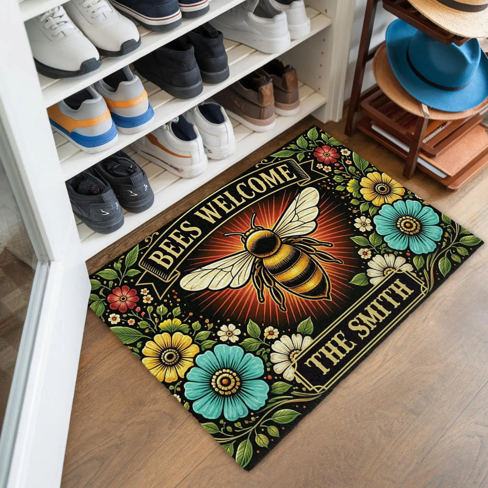 Personalized Floral Bee Doormat – Custom Family Name Welcome Mat