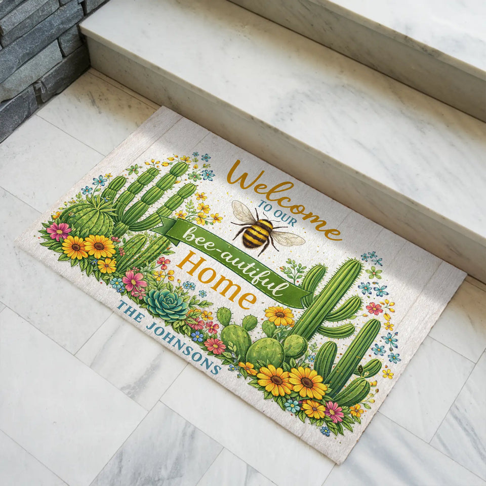 Personalized Bee Cactus Doormat – Custom Family Name Mat