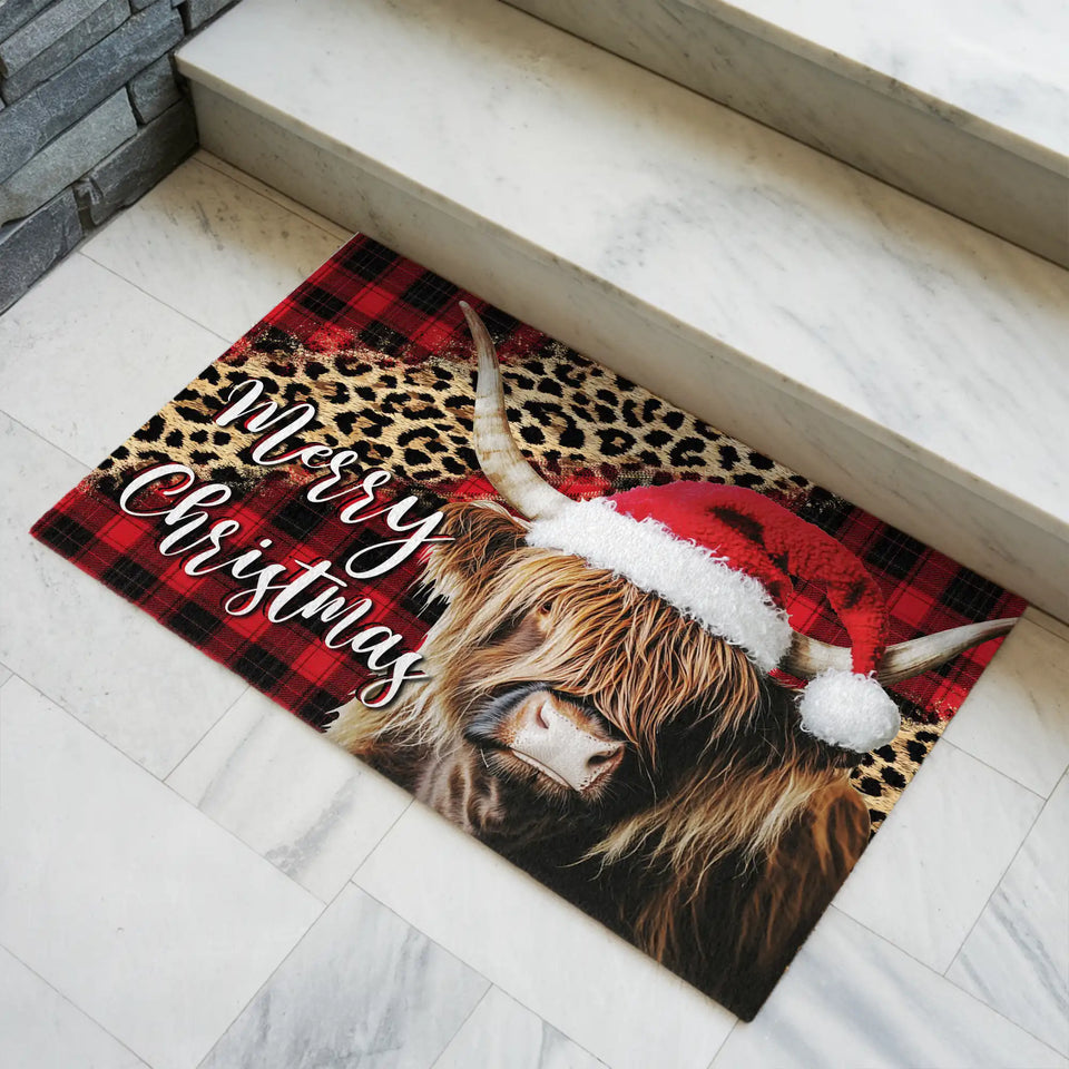 Highland Cow Christmas Doormat – Merry Christmas Welcome Mat