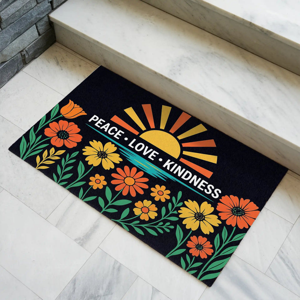 Peace Love Kindness Doormat – Retro Floral Sunrise Welcome Mat