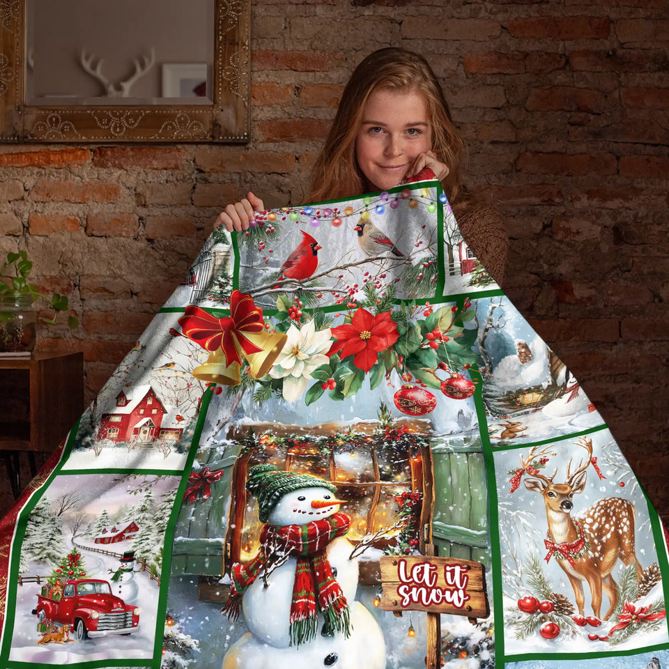 Snowman Christmas Blanket – Let It Snow Cardinal & Deer Holiday Throw
