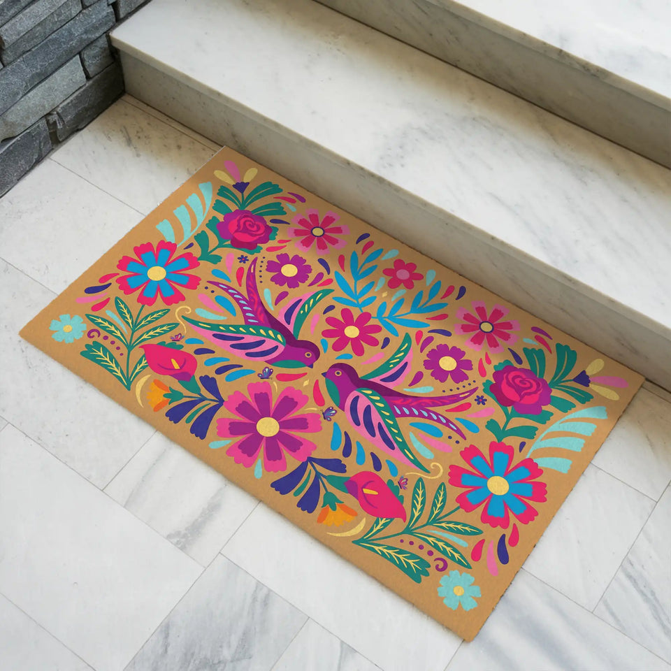Mexican Folk Art Doormat – Colorful Floral Bird Welcome Mat