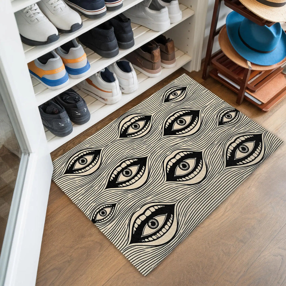 Surreal Eye Mouth Doormat – Black & White Optical Art Mat