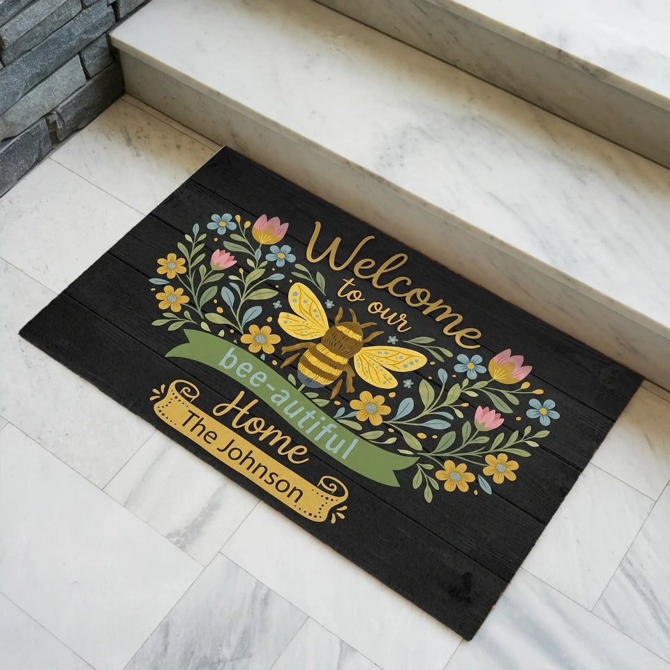 Personalized Bee Doormat – Custom Family Name Welcome Mat