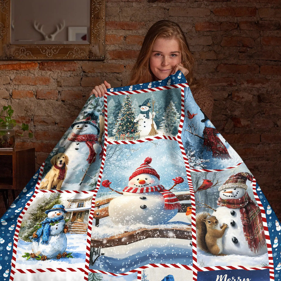 Snowman Christmas Blanket – Cardinal & Woodland Winter Patchwork Throw