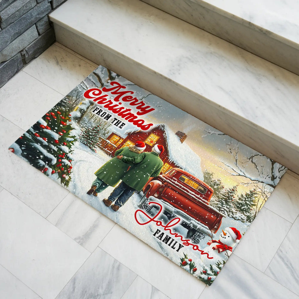 Personalized Family Christmas Doormat – Red Truck Welcome Mat