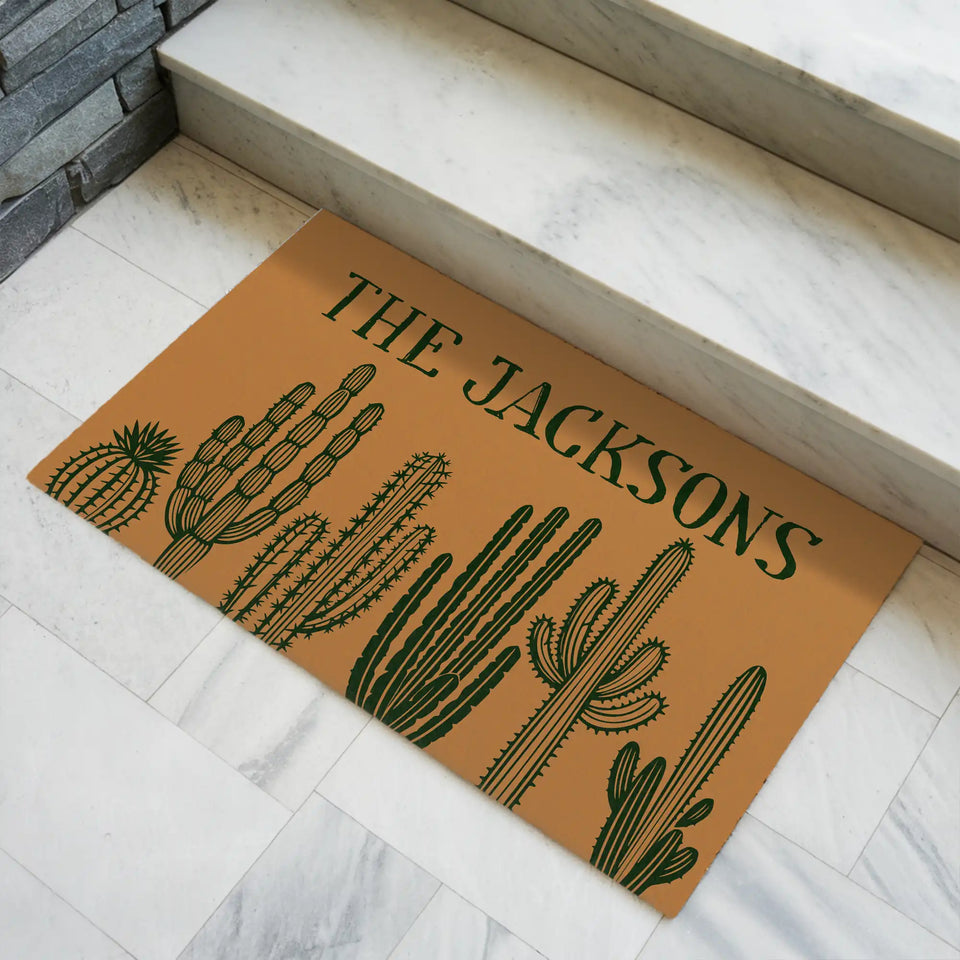 Personalized Cactus Doormat – Custom Family Name Welcome Mat