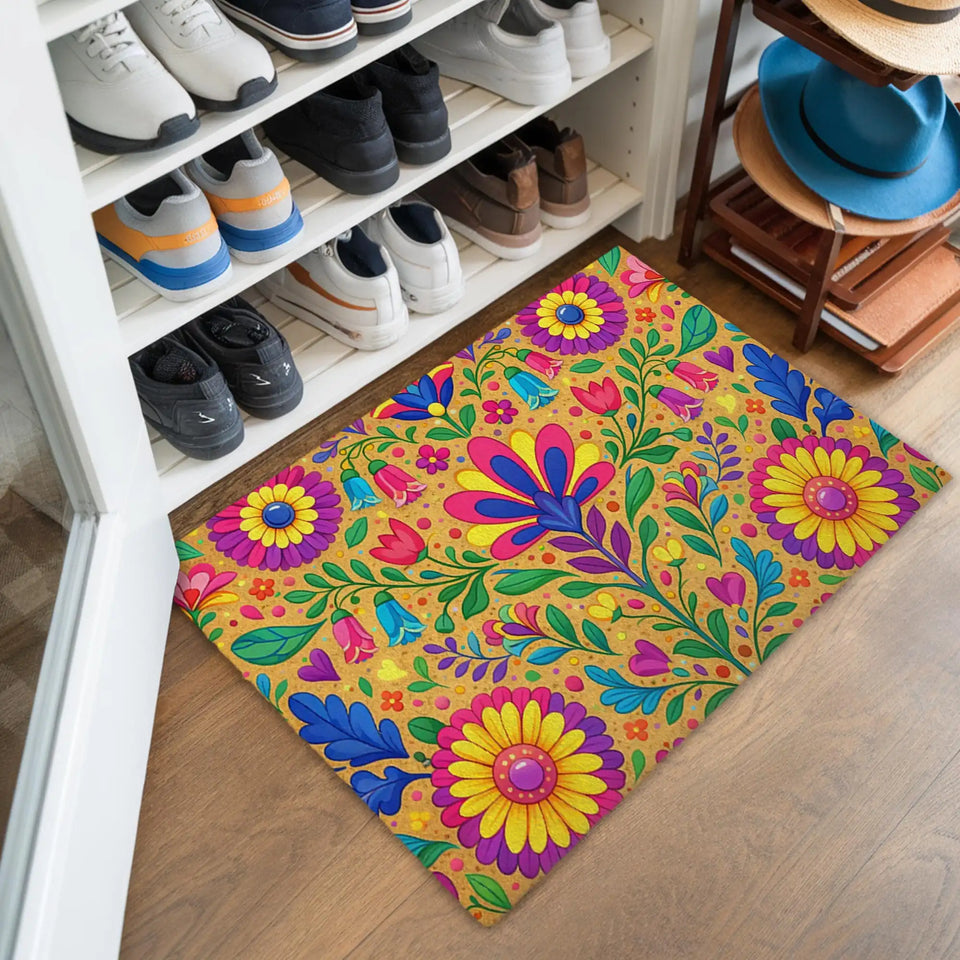 Colorful Folk Floral Doormat – Boho Botanical Welcome Mat
