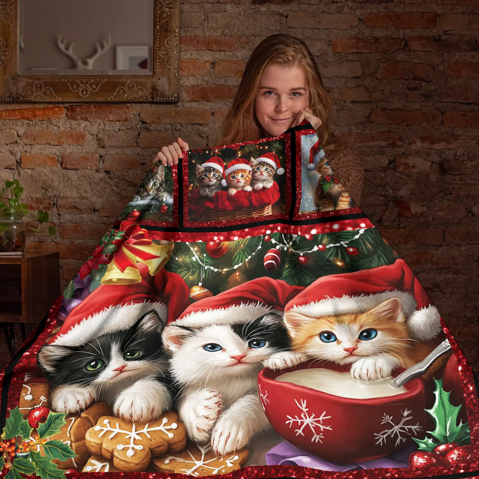 Cat Christmas Blanket – Santa Kitten Patchwork Holiday Throw