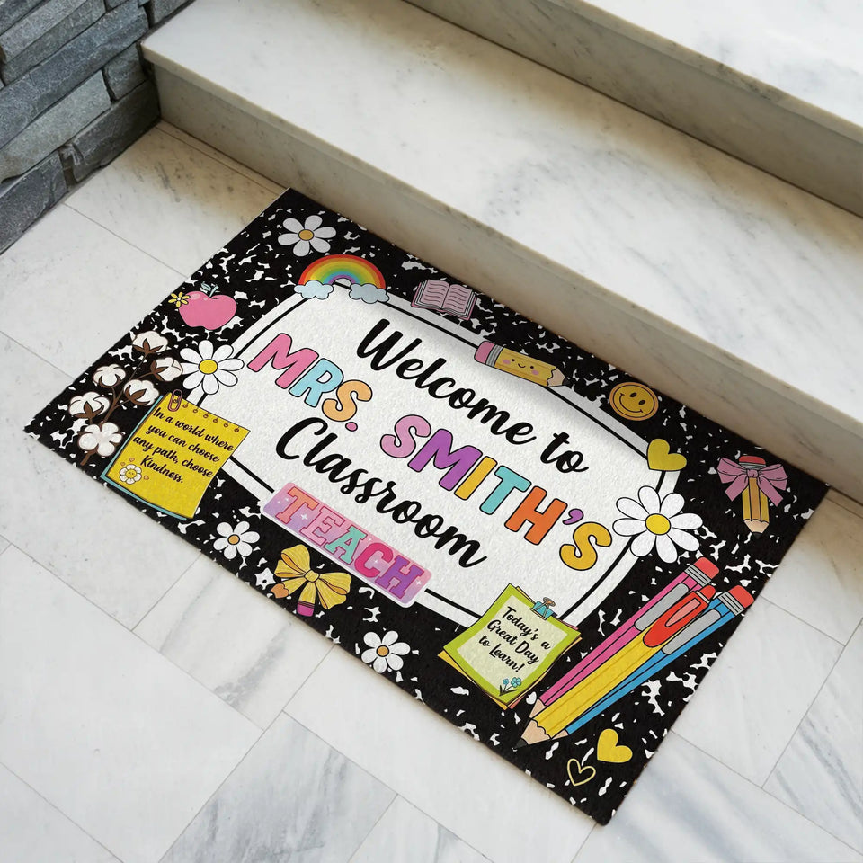 Personalized School Supplies Teacher Doormat – Custom Name Mat