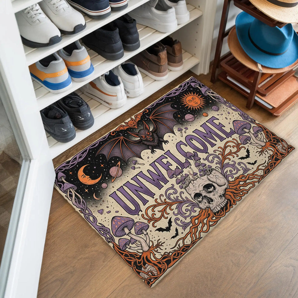 Gothic Unwelcome Doormat – Bat Skull & Mushroom Welcome Mat