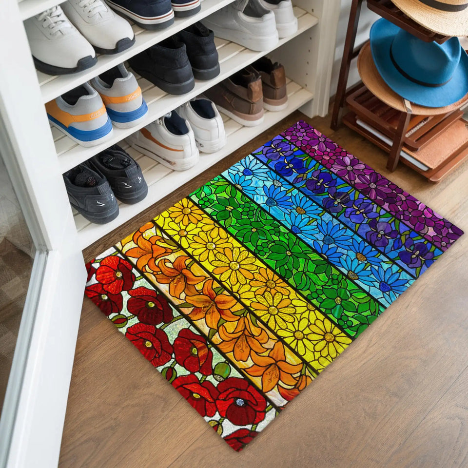 Rainbow Floral Doormat – Stained Glass Flower Welcome Mat