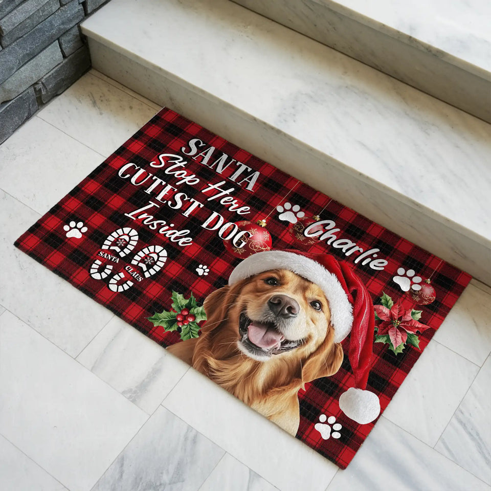 Personalized Dog Christmas Doormat – Santa Stop Here Welcome Mat