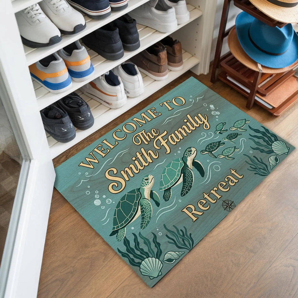Personalized Sea Turtle Retreat Doormat – Custom Family Name Mat