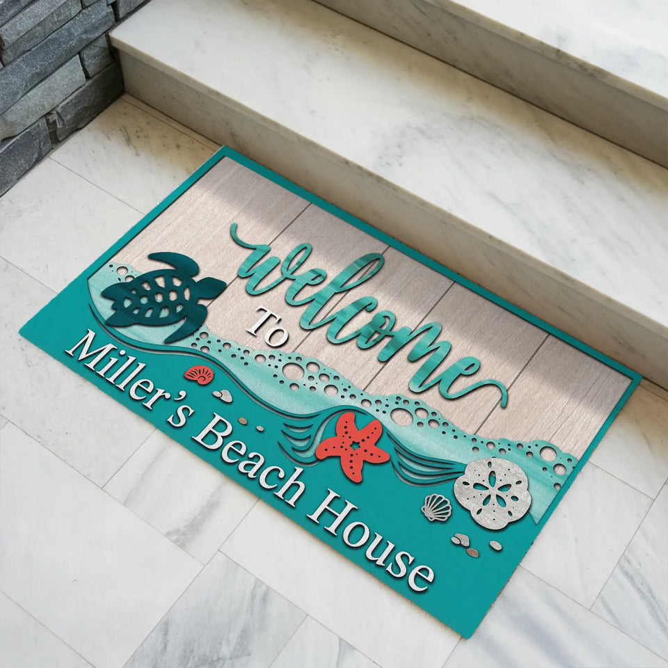 Personalized Beach House Doormat – Custom Family Name Turtle Mat