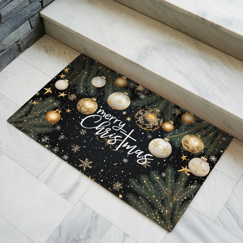 Elegant Christmas Doormat – Black Gold Ornament Welcome Mat