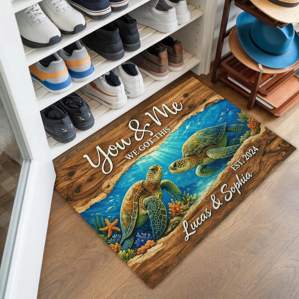 Personalized Sea Turtle Couple Doormat – Custom Names & Date Mat