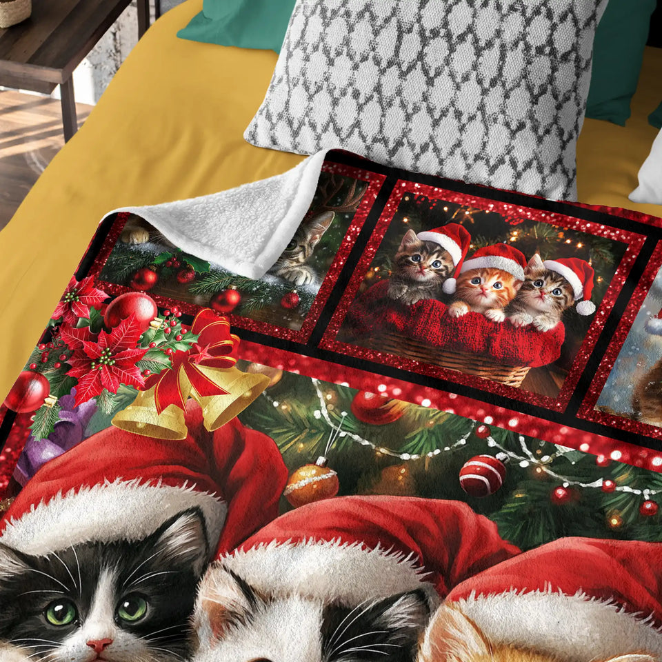 Cat Christmas Blanket – Santa Kitten Patchwork Holiday Throw
