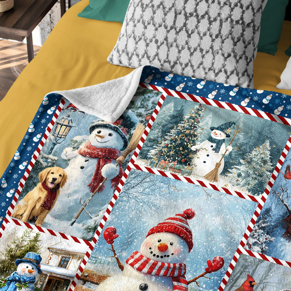Snowman Christmas Blanket – Cardinal & Woodland Winter Patchwork Throw