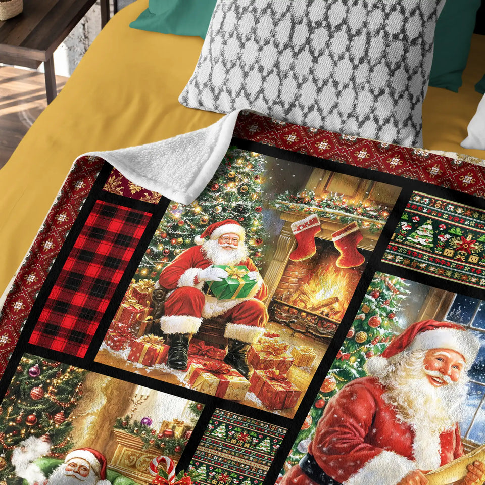 Santa Christmas Blanket – Vintage Patchwork Holiday Throw