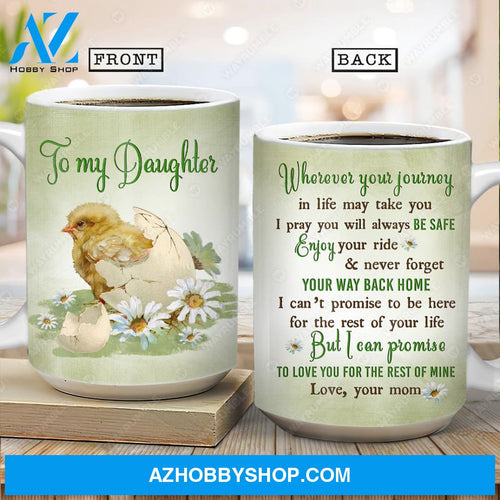 Mom to daughter, Chick hatching, Daisy flowers, Wherever your journey in life may take you - Family AOP Mug