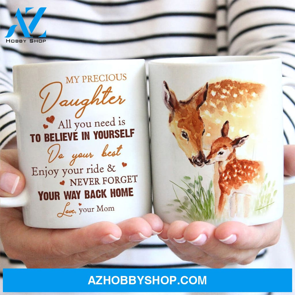 Mom to daughter, Deer drawing, Green meadow, Never forget your way back home - Family White Mug