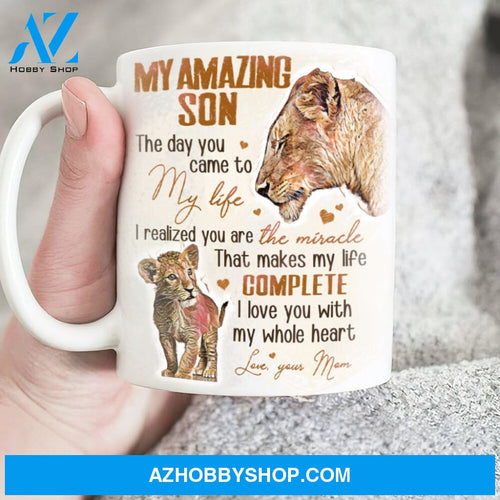 Mom to son, Lion drawing, Animal painting, I love you with my whole heart - Family White Mug