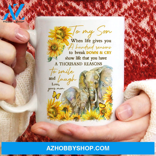 Mom to son, Watercolor elephant, Sunflower painting, You have a thousand reasons to smile and laugh - Family White Mug