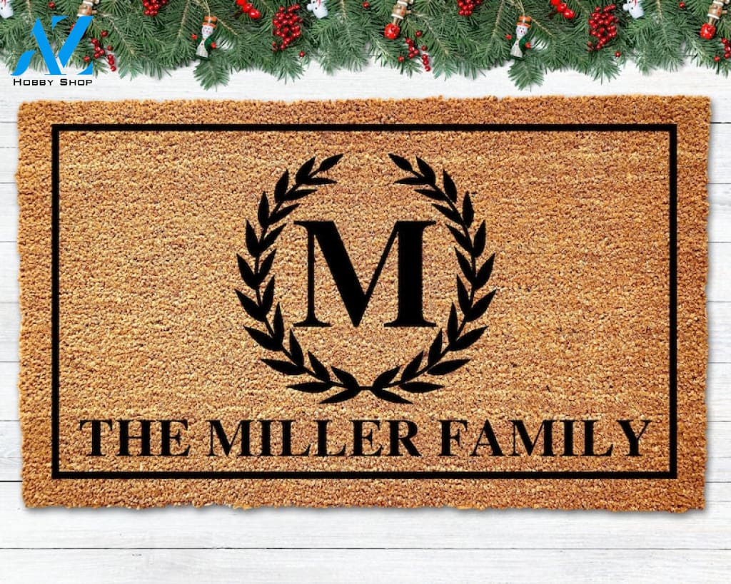 Monogram Wreath Family Name Doormat Wedding Gift Custom Doormat Personalized Doormat Christmas Gift Welcome Mat