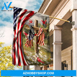 Old cross, Pretty cardinal, US flag painting, Beautiful flower field - Jesus Flag