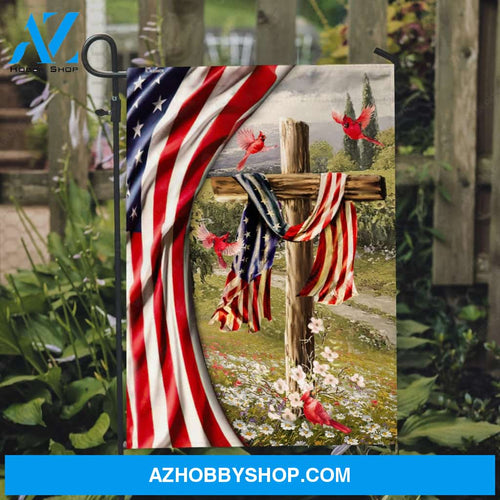Old cross, Pretty cardinal, US flag painting, Beautiful flower field - Jesus Flag