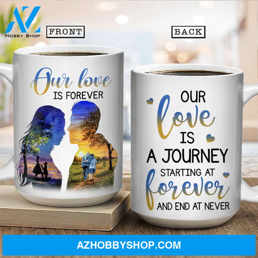 Orange sunset, Beautiful night, Old couple walking, Our love is a journey - Couple White Mug