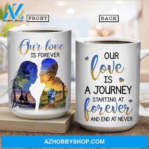 Orange sunset, Beautiful night, Old couple walking, Our love is a journey - Couple White Mug