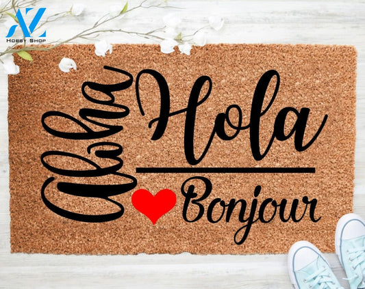 Out Doormat- Aloha Hola Bonjour Doormat Welcome Doormat Porch Decor Fall Porch Decor Coir Doormat