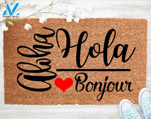 Out Doormat- Aloha Hola Bonjour Doormat Welcome Doormat Porch Decor Fall Porch Decor Coir Doormat