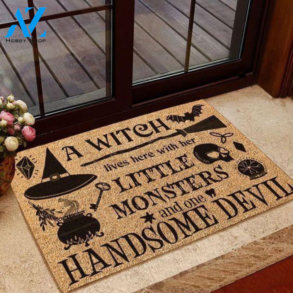 Outdoor Mat- A Witch Lives Here With Her Little Monsters And Handsome Devil Doormat Home Decor