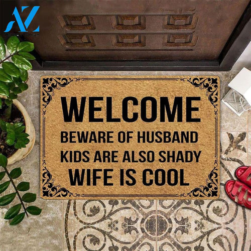Outdoor Mat- Beware Of Husband Kids Are Also Happy Beige Theme Doormat Home Decor