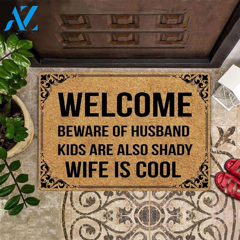 Outdoor Mat- Beware Of Husband Kids Are Also Happy Beige Theme Doormat Home Decor