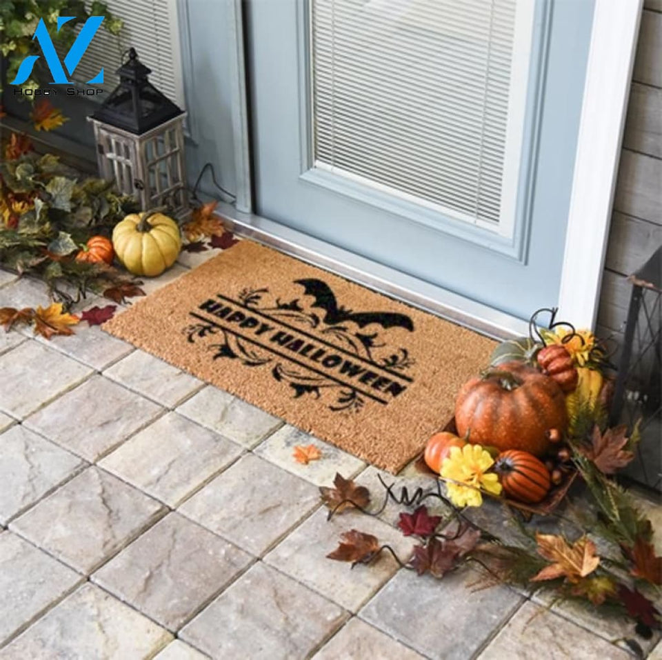 Outdoor Mat- Happy Halloween Bat Pattern On Beige Doormat Home Decor