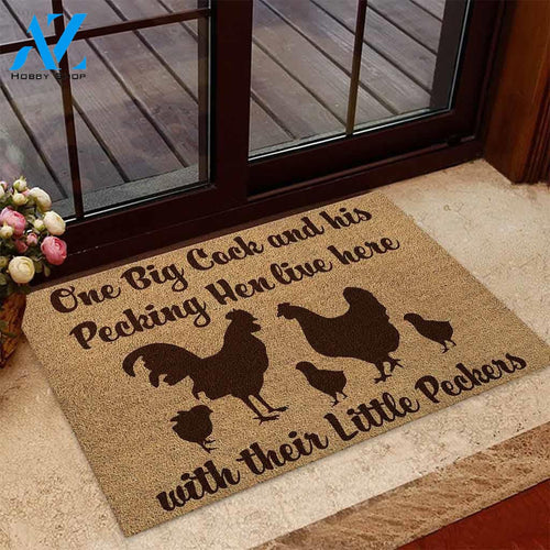 Outdoor Mat- One Big Cock And His Pecking Hen Live Here Gift For Chicken Lovers Doormat Home Decor