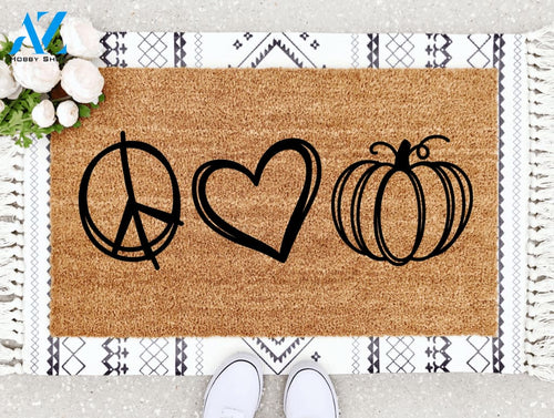 Outdoor Mat- Peace Love And Halloween Pumpkin Hand Drawn Pattern Doormat Home Decor