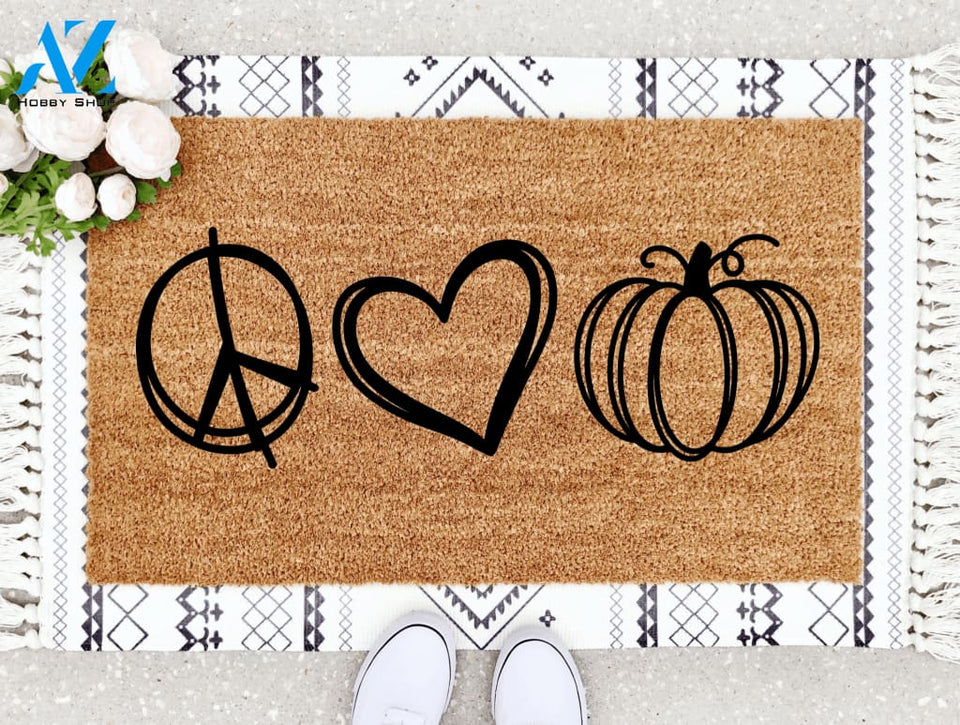 Outdoor Mat- Peace Love And Halloween Pumpkin Hand Drawn Pattern Doormat Home Decor