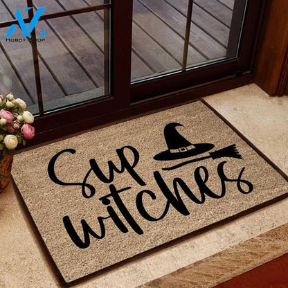 Outdoor Mat- Sup Witches Black Hat And Broom Happy Halloween Doormat Home Decor