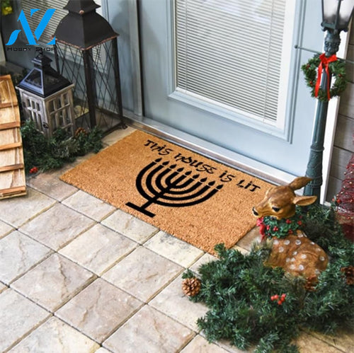 Outdoor Mat- This House Is Lit Menorah Hanukkah In Vintage Style Door Mat Home Decor