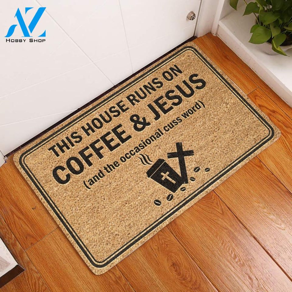 Outdoor Mat- This House Runs On Coffee And Jesus Printed Doormat Home Decor
