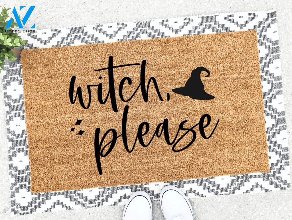 Outdoor Mat- Witch Please Text With Halloween Black Hat Pattern Doormat Home Decor