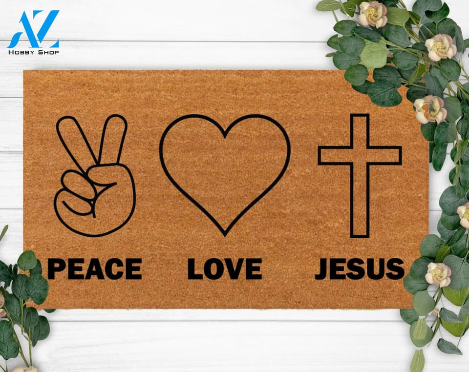 Peace Love Jesus-Holiday Housewarming Gift-Custom Christian Decoration-Funny Welcome Doormat-New Home-Closing Gift