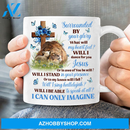 Peaceful time, The lion and the lamb, Wooden cross and blue flower, I can only imagine - Jesus White Mug