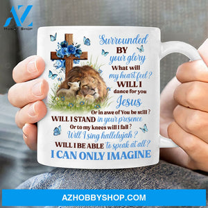 Peaceful time, The lion and the lamb, Wooden cross and blue flower, I can only imagine - Jesus White Mug